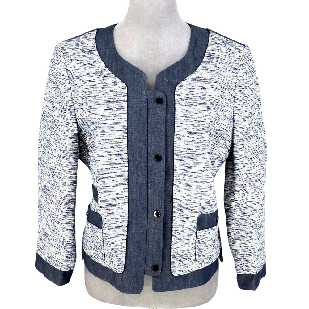 Adrianna Papell Jacket Womens 14 Blue Ivory Blazer Lined Full Zip Snaps Pockets